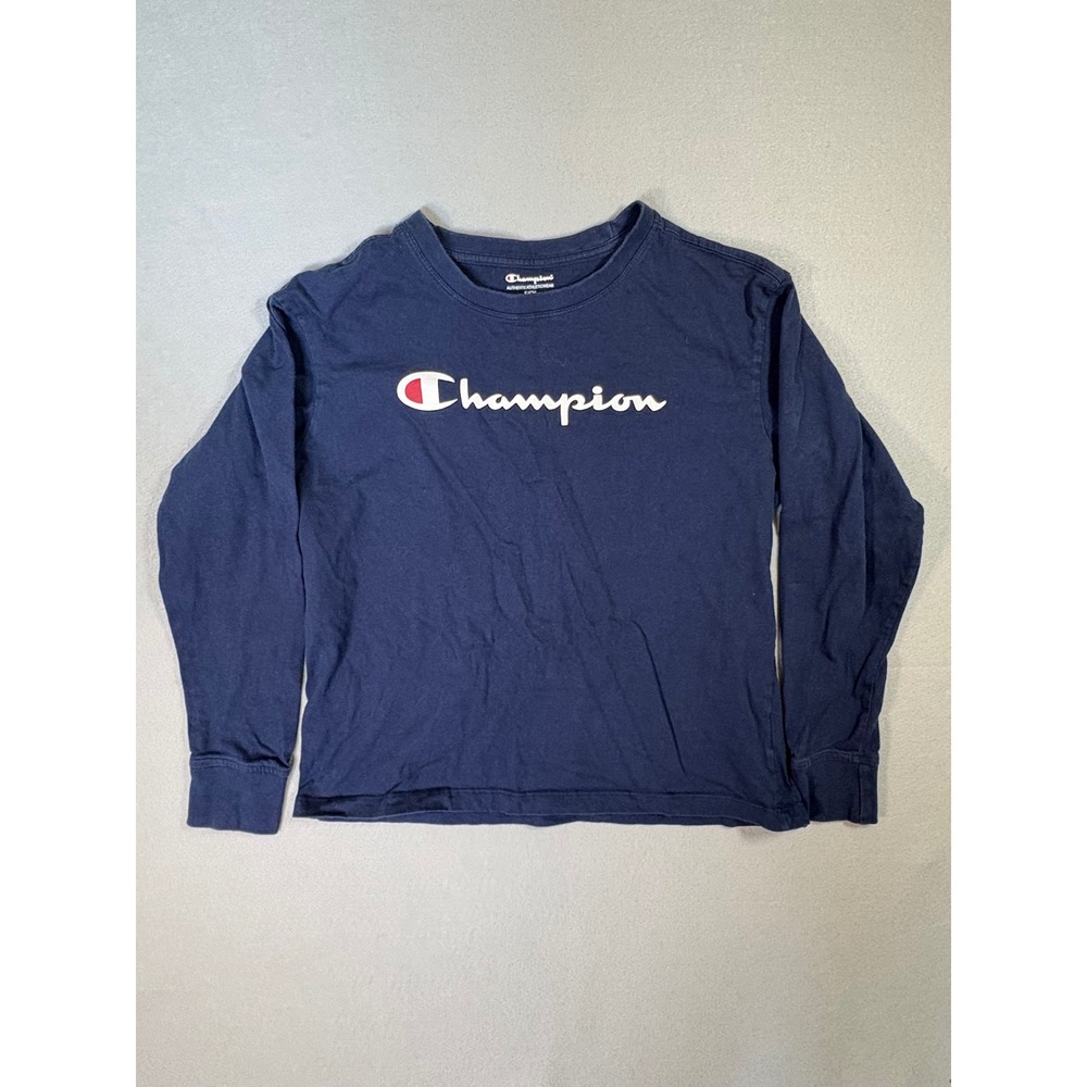Champion Long Sleeve Graphic T-Shirt Navy Blue Small Script Logo Athletic Tee